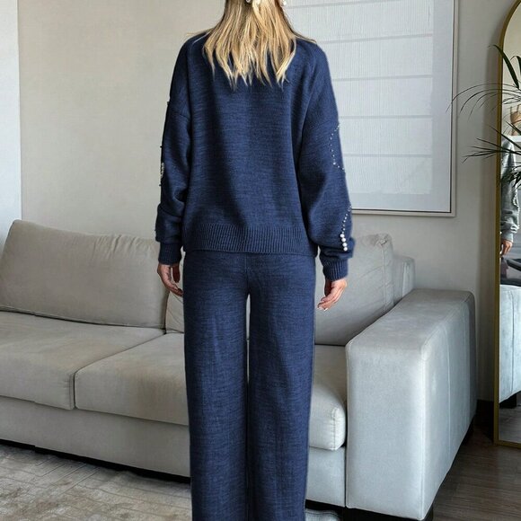 Navy Blue Casual Women's Crew Neck Beaded Drop Shoulder Sweater & Wide Leg Pants - Picture 2 of 6